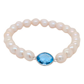 14K White Gold Swiss Blue Topaz Pearl Stretch Bracelet